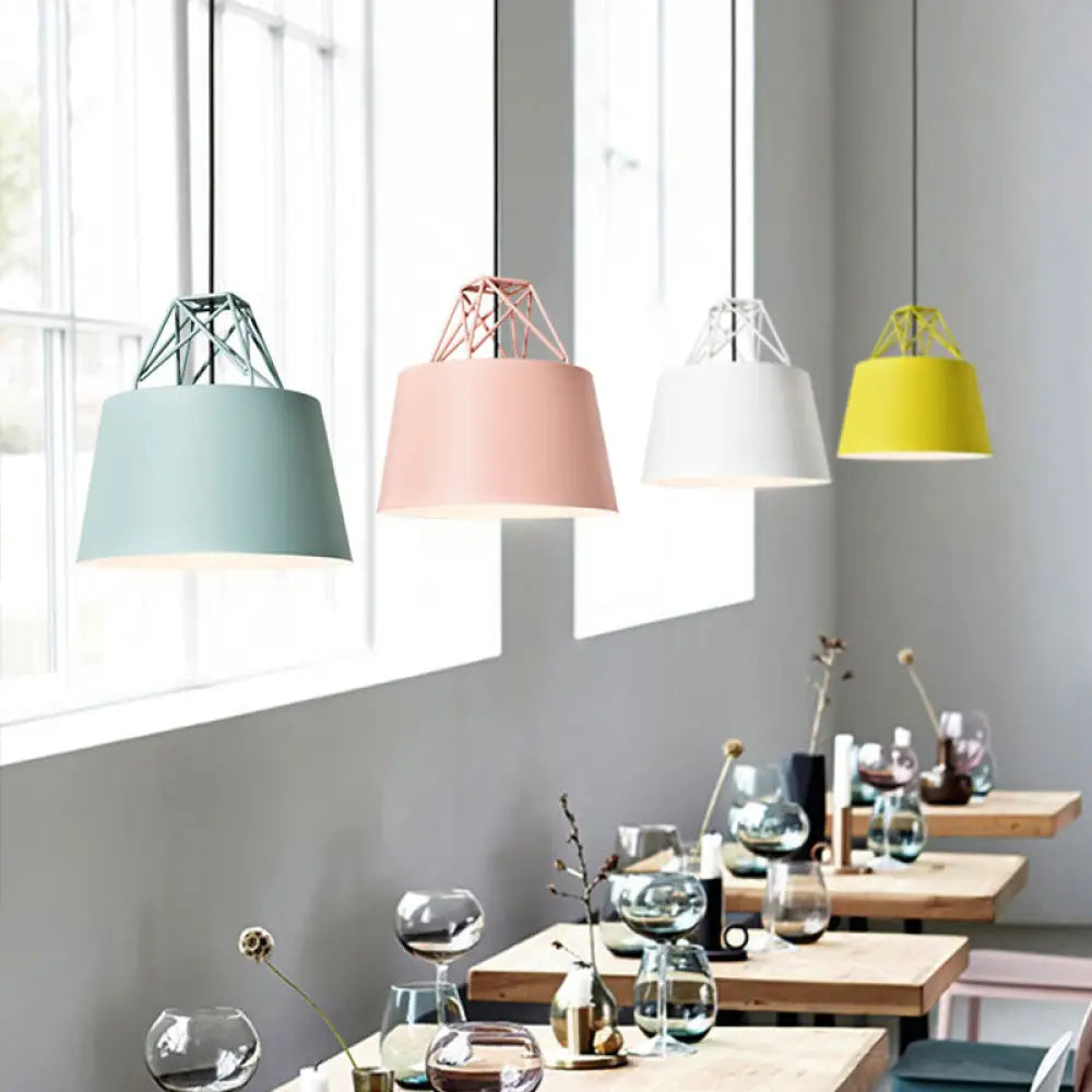 Macaron Drop Pendant Hanging Lamp In White/Pink/Blue With Aluminum Shade And Wire Top Green