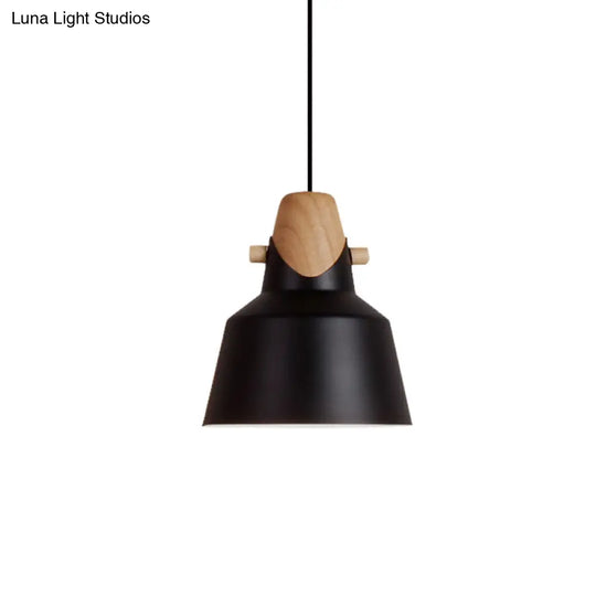 Macaron Elegant Barn Shade Suspended Light - Metal & Wood Ceiling Pendant In Black/White