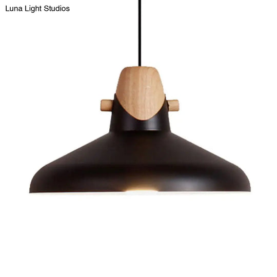 Macaron Elegant Barn Shade Suspended Light - Metal & Wood Ceiling Pendant In Black/White