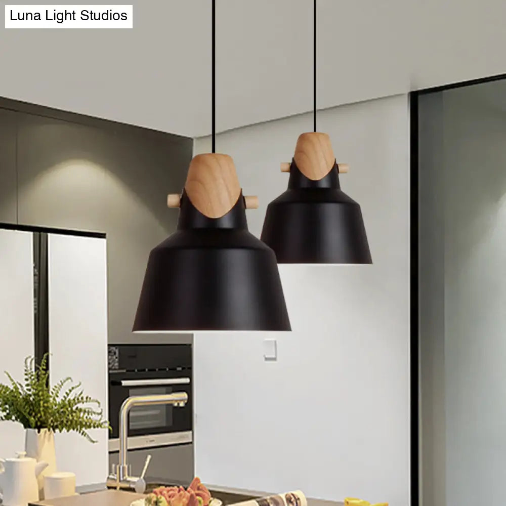 Macaron Elegant Barn Shade Suspended Light - Metal & Wood Ceiling Pendant In Black/White