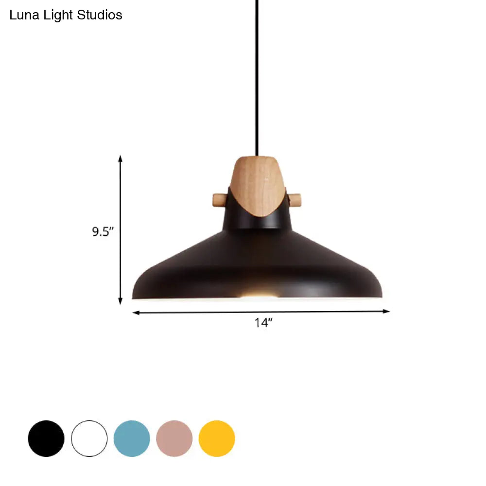 Macaron Elegant Barn Shade Suspended Light - Metal & Wood Ceiling Pendant In Black/White