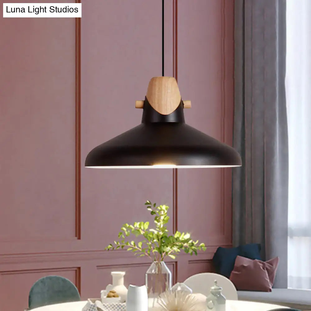 Macaron Elegant Barn Shade Suspended Light - Metal & Wood Ceiling Pendant In Black/White