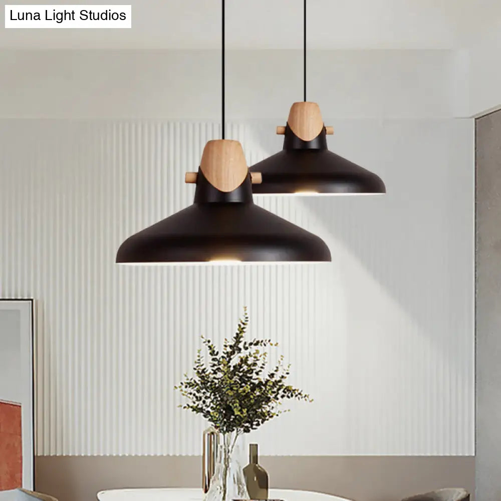 Macaron Elegant Barn Shade Suspended Light - Metal & Wood Ceiling Pendant In Black/White