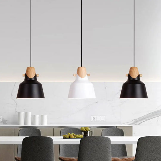 Macaron Elegant Barn Shade Suspended Light - Metal & Wood Ceiling Pendant In Black/White Black / A