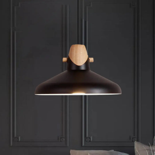 Macaron Elegant Barn Shade Suspended Light - Metal & Wood Ceiling Pendant In Black/White Black / B