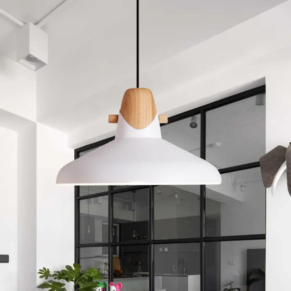 Macaron Elegant Barn Shade Suspended Light - Metal & Wood Ceiling Pendant In Black/White White / B