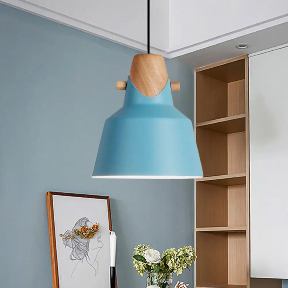 Macaron Elegant Barn Shade Suspended Light - Metal & Wood Ceiling Pendant In Black/White Blue / A