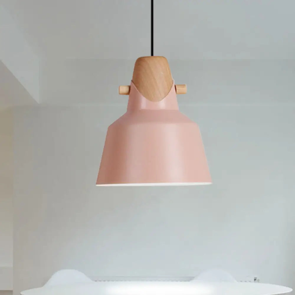 Macaron Elegant Barn Shade Suspended Light - Metal & Wood Ceiling Pendant In Black/White Pink / A