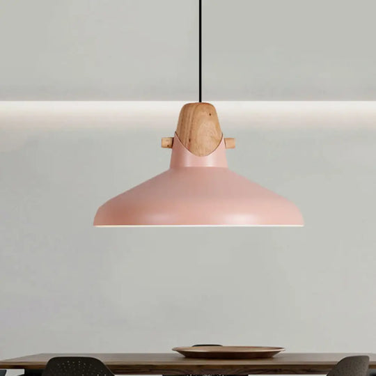 Macaron Elegant Barn Shade Suspended Light - Metal & Wood Ceiling Pendant In Black/White Pink / B