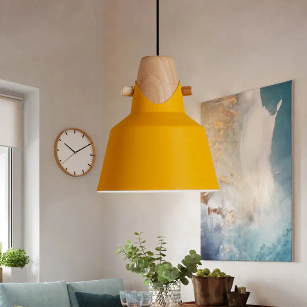 Macaron Elegant Barn Shade Suspended Light - Metal & Wood Ceiling Pendant In Black/White Yellow / A