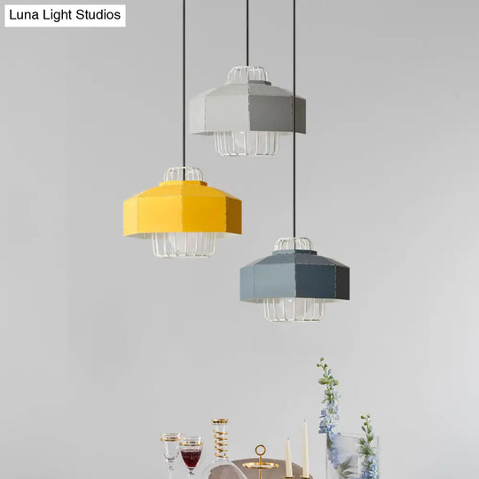 Macaron Faceted Barn Shaped Pendant Light - Iron 3 Heads Black Canopy Living Room Multi-Hanging