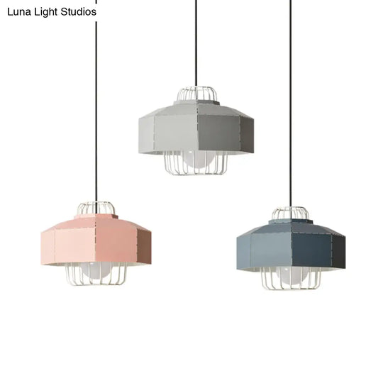 Macaron Faceted Barn Shaped Pendant Light - Iron 3 Heads Black Canopy Living Room Multi-Hanging