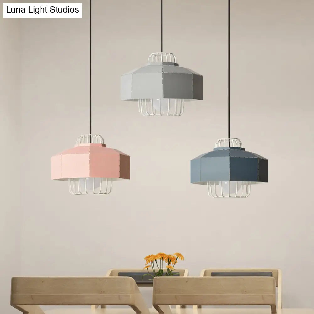 Macaron Faceted Barn Shaped Pendant Light - Iron 3 Heads Black Canopy Living Room Multi-Hanging