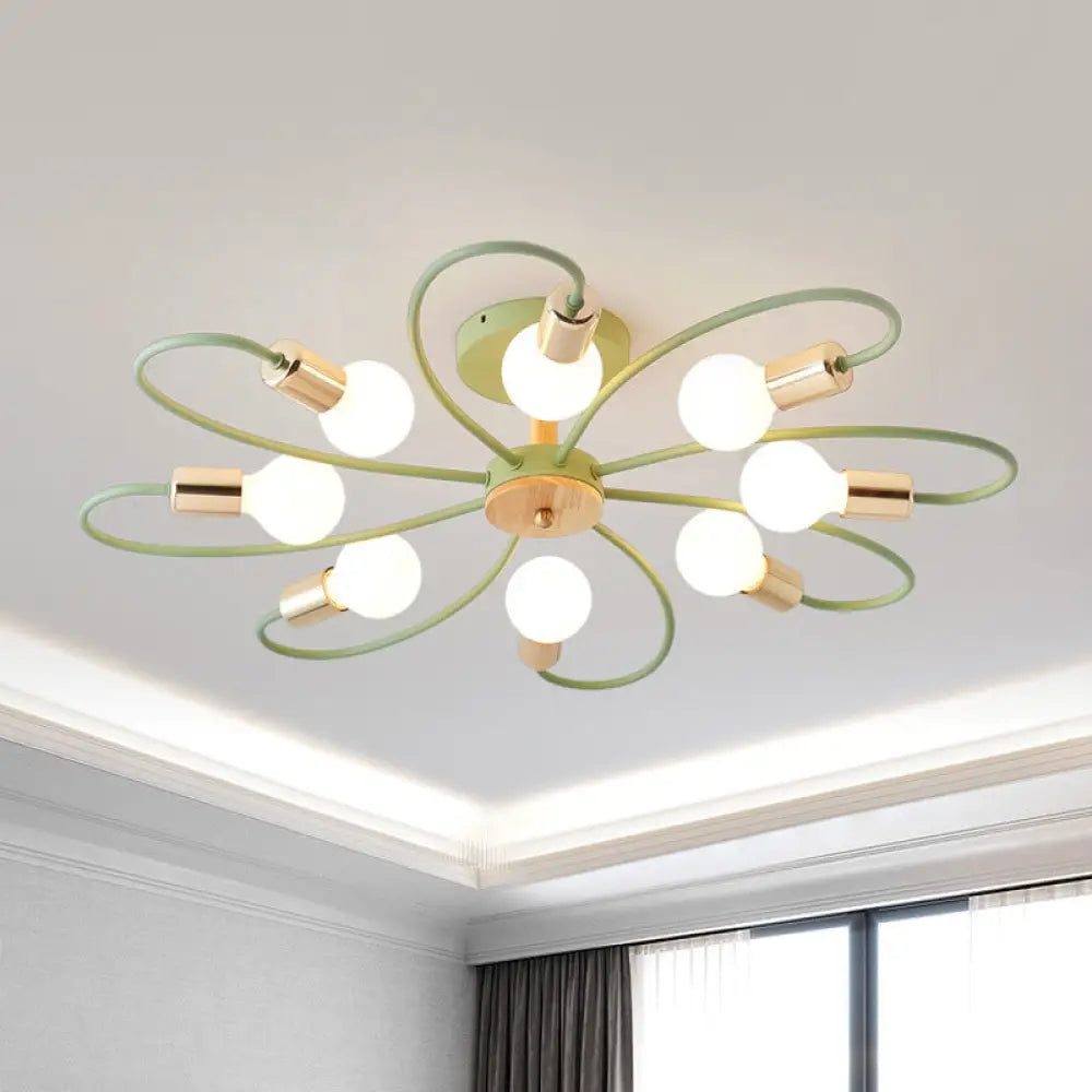 Macaron Flush Mount Ceiling Lamp With Metallic Semi Design - Green Blossom 8 Bulbs