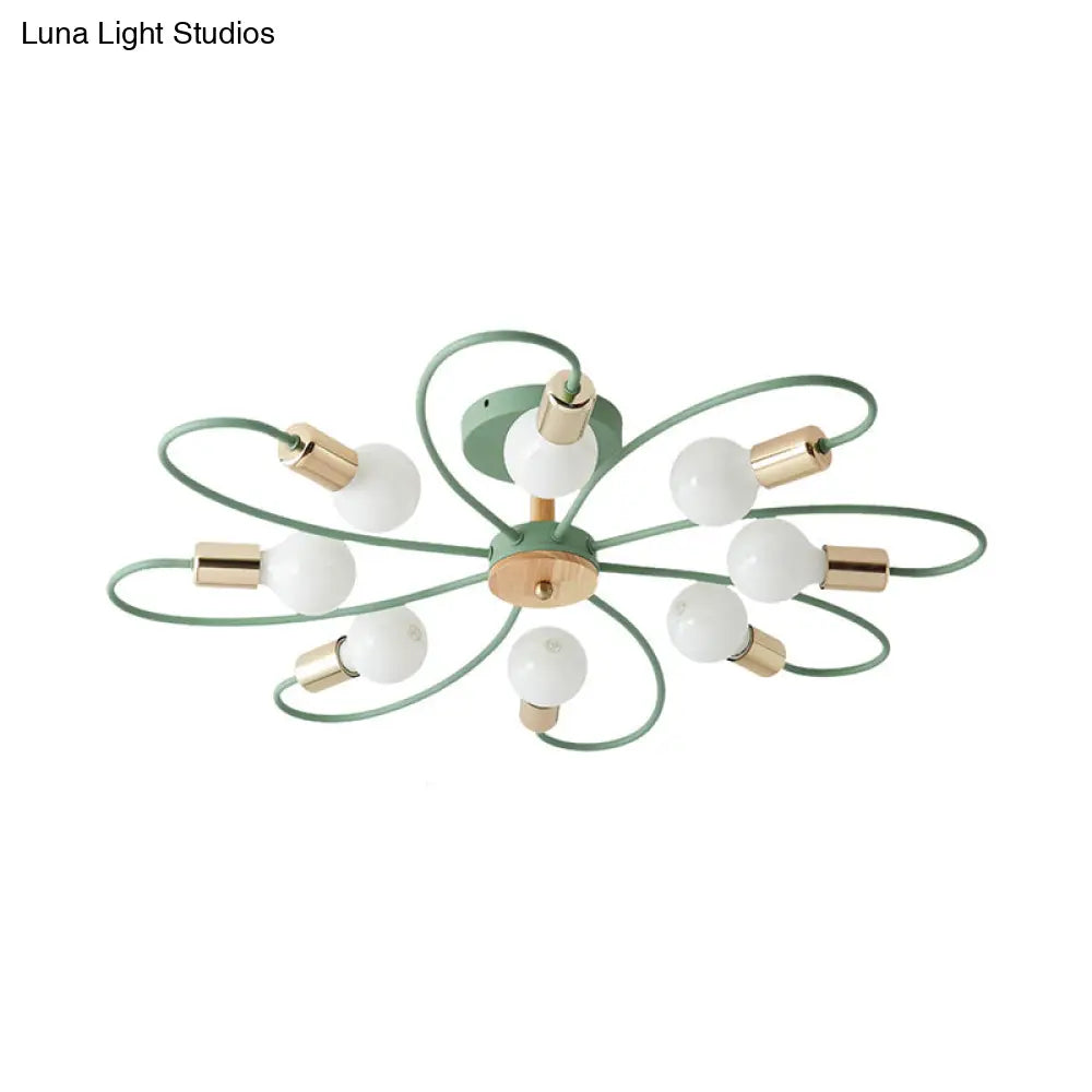 Macaron Flush Mount Ceiling Lamp With Metallic Semi Design - Green Blossom 8 Bulbs