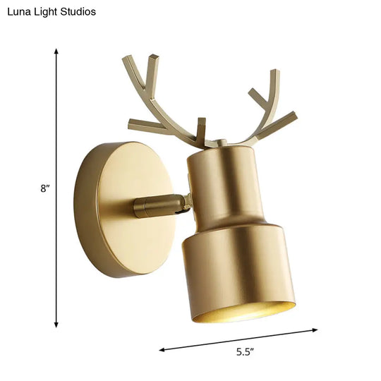 Macaron Gold Antler Led Wall Light: Modern 1-Light Fixture For Bedroom With Dual Drum Metal Shade