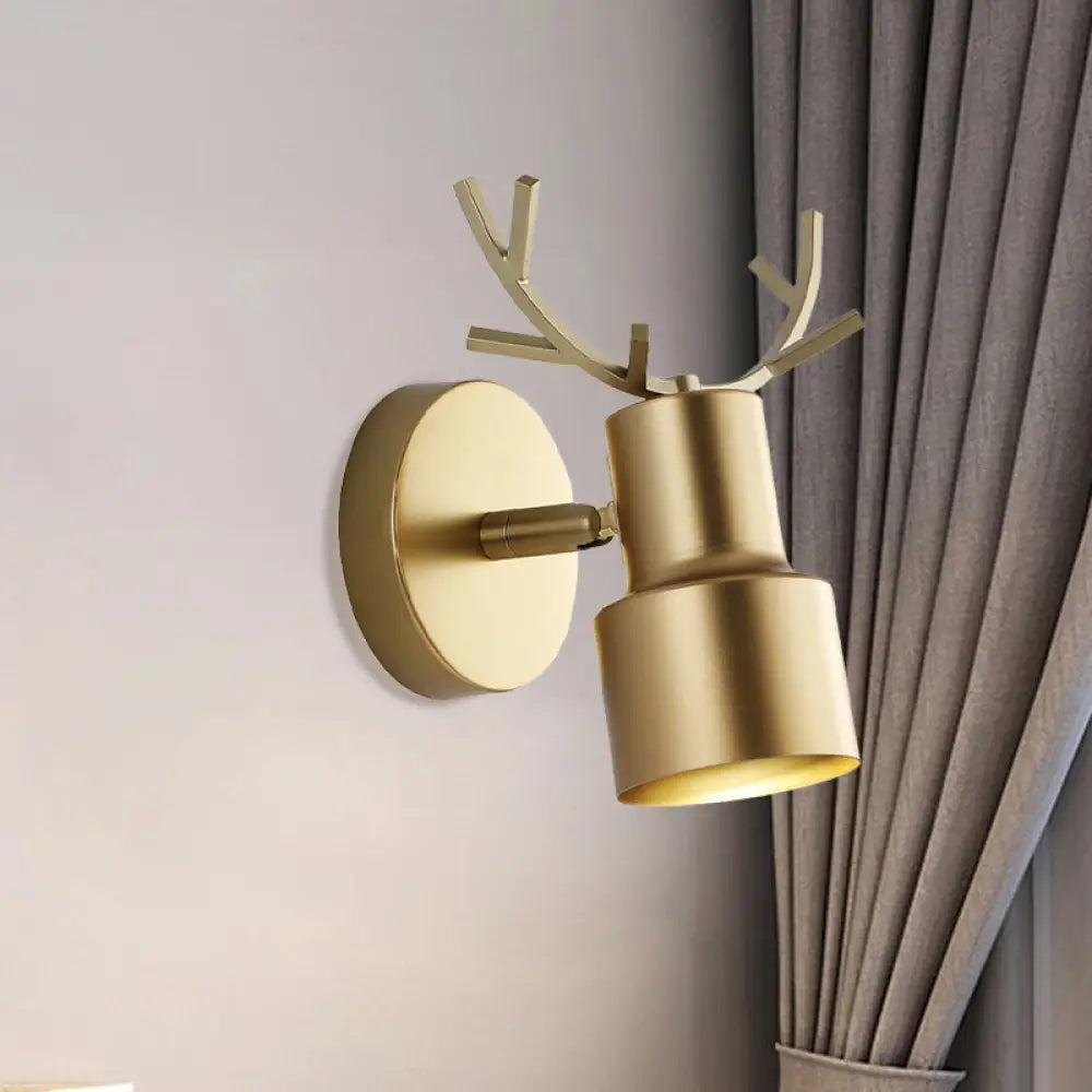 Macaron Gold Antler Led Wall Light: Modern 1-Light Fixture For Bedroom With Dual Drum Metal Shade