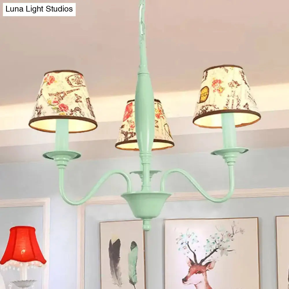 Macaron Green Nursing Room Hanging Light - Metal Chandelier With Tower Flower Design