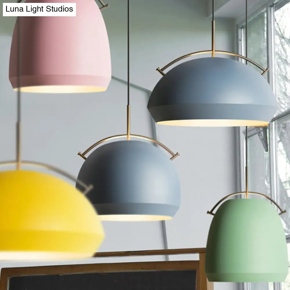 Macaron Hanging Pendant Light: Aluminum Dome/Bell Drop Lamp With Curved Handle - 1 Bulb