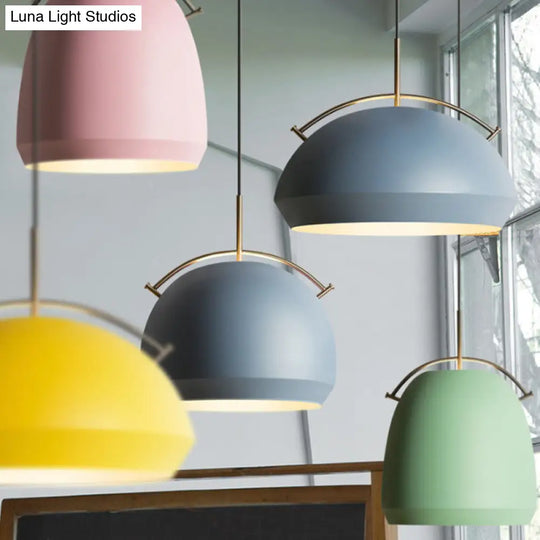 Macaron Hanging Pendant Light: Aluminum Dome/Bell Drop Lamp With Curved Handle - 1 Bulb