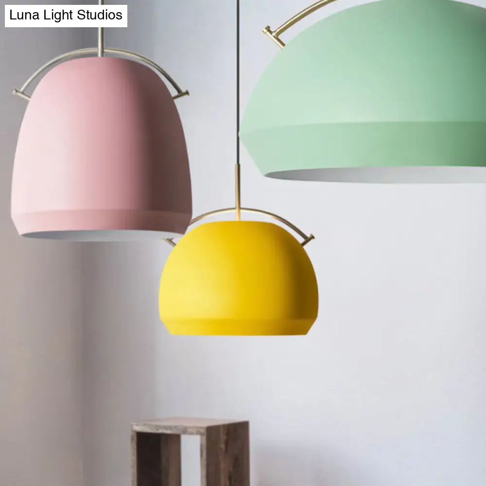 Macaron Hanging Pendant Light: Aluminum Dome/Bell Drop Lamp With Curved Handle - 1 Bulb