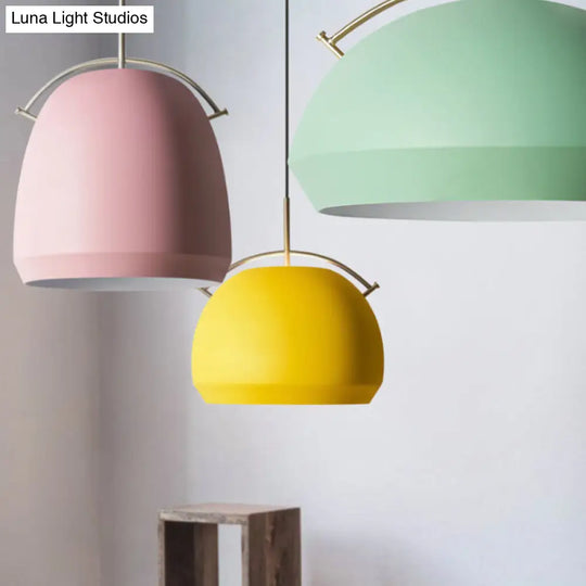 Macaron Hanging Pendant Light: Aluminum Dome/Bell Drop Lamp With Curved Handle - 1 Bulb