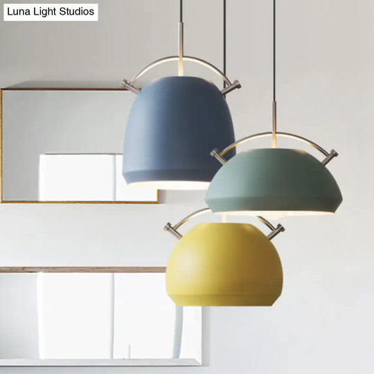 Macaron Hanging Pendant Light: Aluminum Dome/Bell Drop Lamp With Curved Handle - 1 Bulb