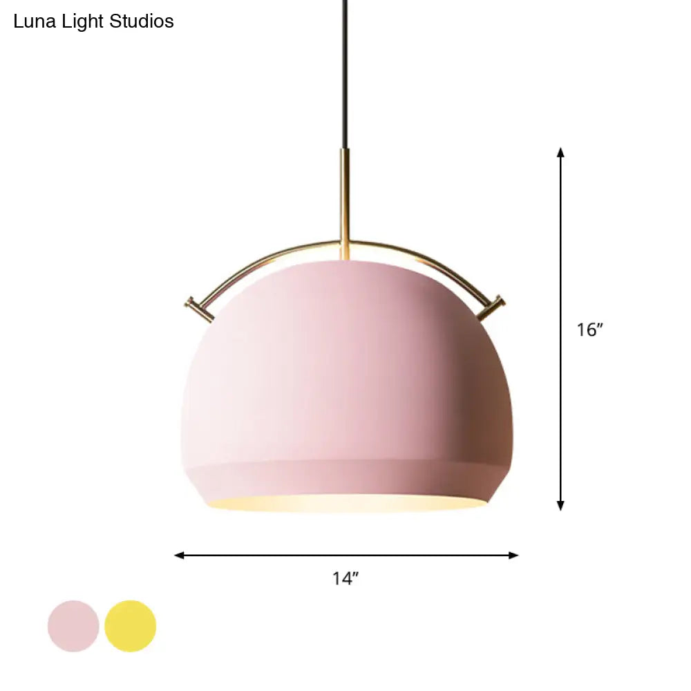 Macaron Hanging Pendant Light: Aluminum Dome/Bell Drop Lamp With Curved Handle - 1 Bulb