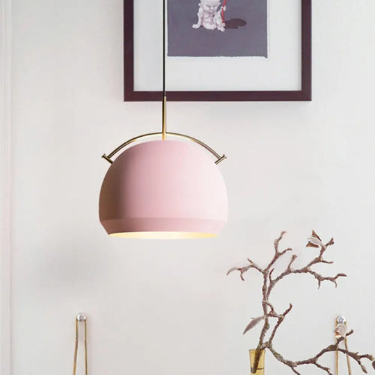 Macaron Hanging Pendant Light: Aluminum Dome/Bell Drop Lamp With Curved Handle - 1 Bulb