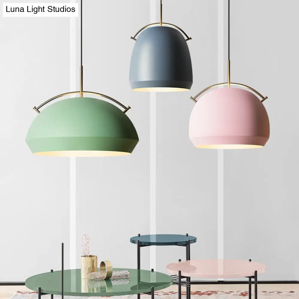 Macaron Hanging Pendant Light: Aluminum Dome/Bell Drop Lamp With Curved Handle - 1 Bulb