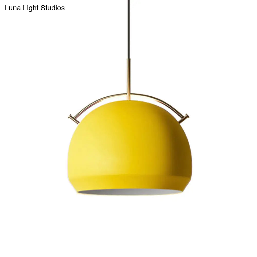 Macaron Hanging Pendant Light: Aluminum Dome/Bell Drop Lamp With Curved Handle - 1 Bulb