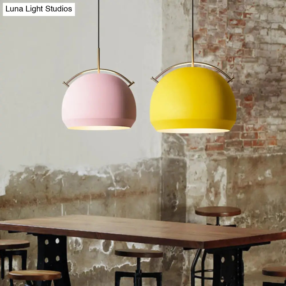 Macaron Hanging Pendant Light: Aluminum Dome/Bell Drop Lamp With Curved Handle - 1 Bulb