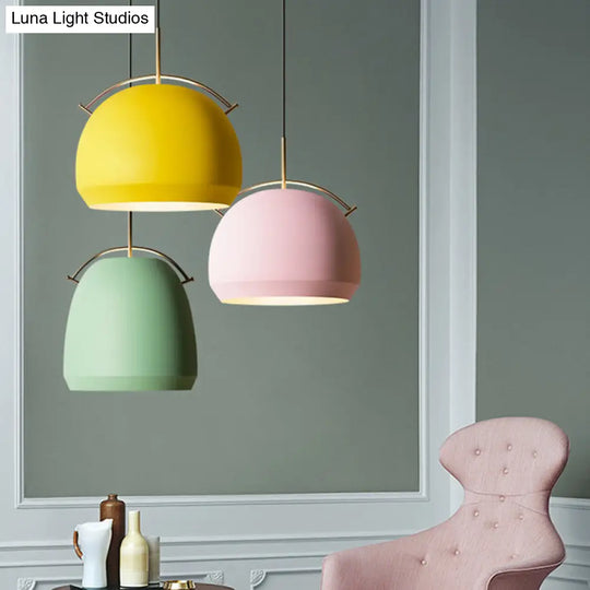 Macaron Hanging Pendant Light: Aluminum Dome/Bell Drop Lamp With Curved Handle - 1 Bulb