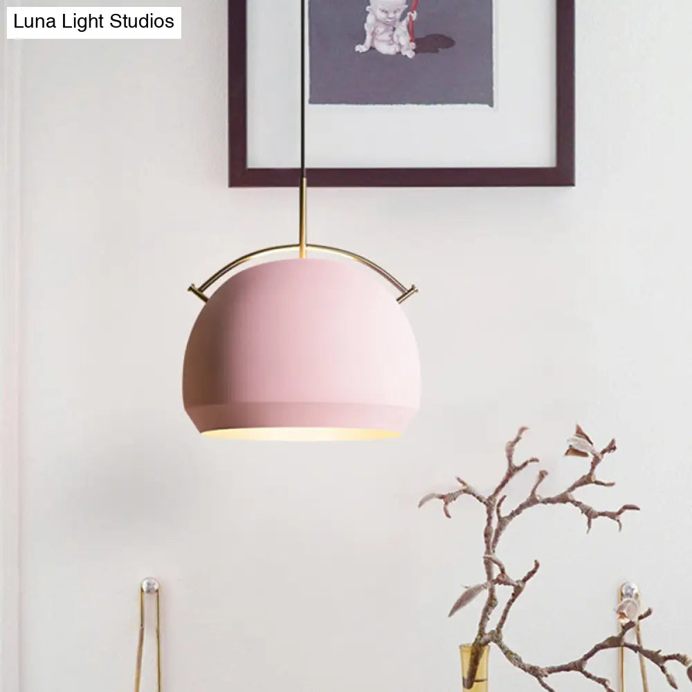 Macaron Hanging Pendant Light: Aluminum Dome/Bell Drop Lamp With Curved Handle - 1 Bulb