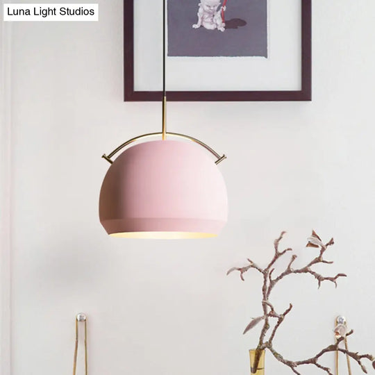 Macaron Hanging Pendant Light: Aluminum Dome/Bell Drop Lamp With Curved Handle - 1 Bulb