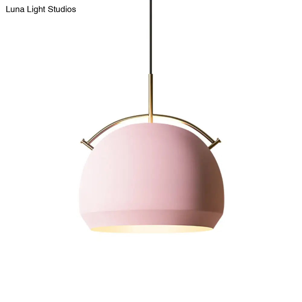 Macaron Hanging Pendant Light: Aluminum Dome/Bell Drop Lamp With Curved Handle - 1 Bulb