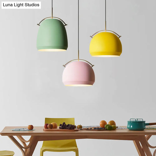 Macaron Hanging Pendant Light: Aluminum Dome/Bell Drop Lamp With Curved Handle - 1 Bulb