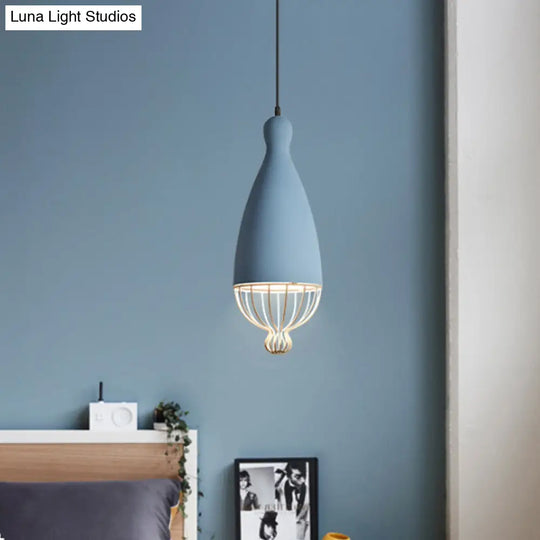 Macaron Inverted Balloon Pendant Light With Wire Cage And 1 Head In Grey/Pink/Blue
