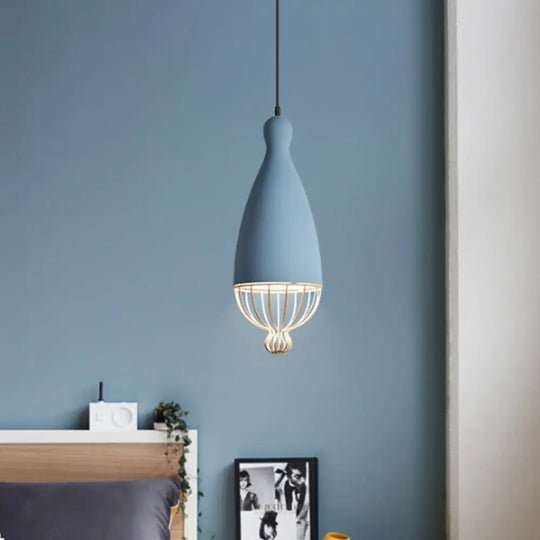 Macaron Inverted Balloon Pendant Light With Wire Cage And 1 Head In Grey/Pink/Blue Blue