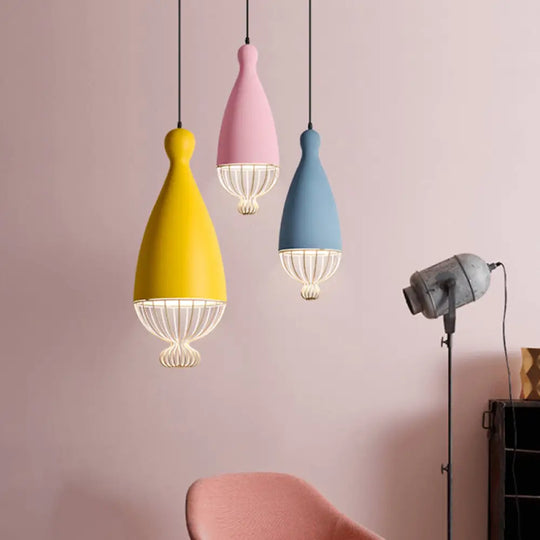 Macaron Inverted Balloon Pendant Light With Wire Cage And 1 Head In Grey/Pink/Blue Pink