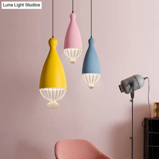 Macaron Inverted Balloon Pendant Light With Wire Cage And 1 Head In Grey/Pink/Blue