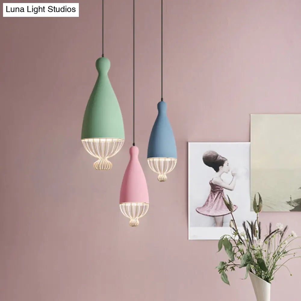 Macaron Inverted Balloon Pendant Light With Wire Cage And 1 Head In Grey/Pink/Blue