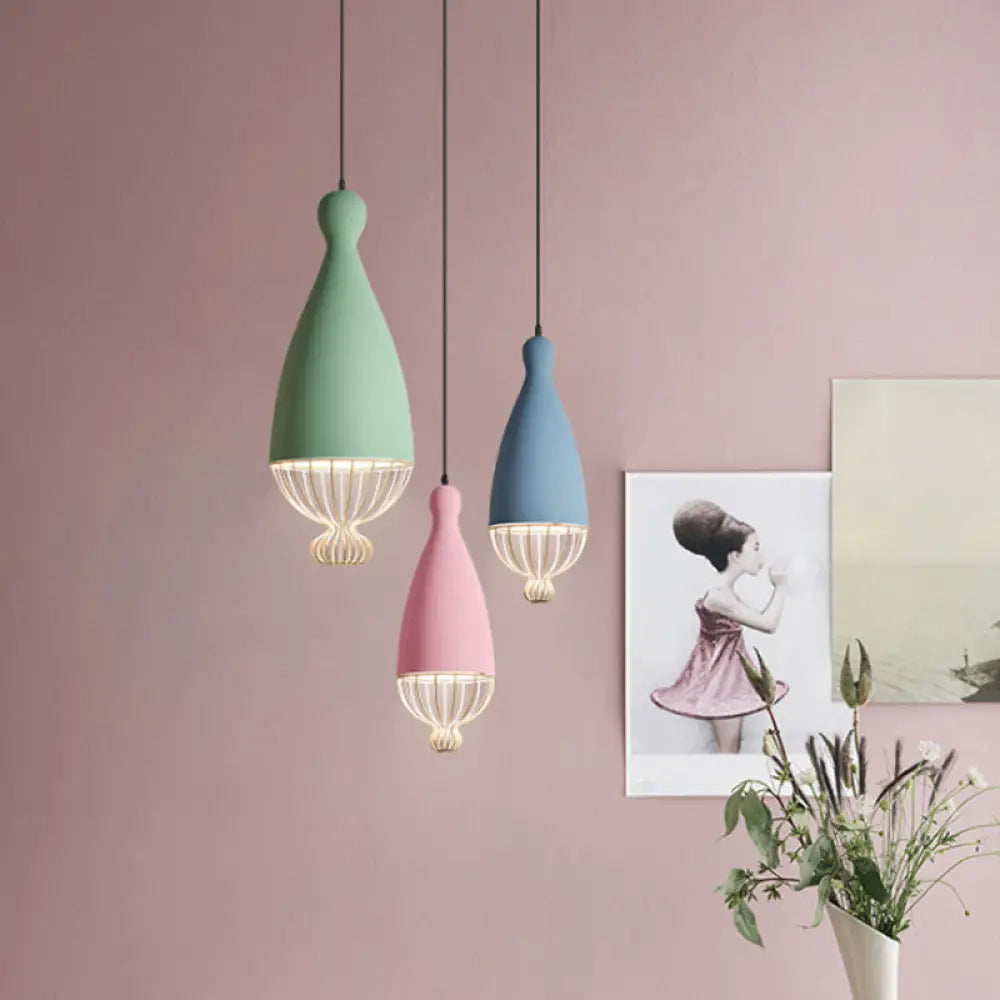 Macaron Inverted Balloon Pendant Light With Wire Cage And 1 Head In Grey/Pink/Blue Green