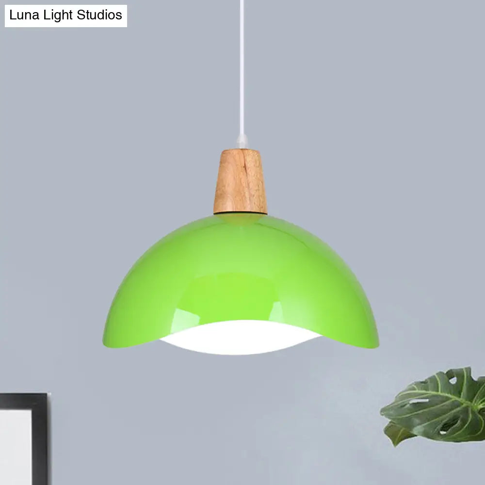 Macaron Iron 1-Light Hanging Lamp In Waving Dome Design - Pink/Yellow/Green Finish For Dining Room