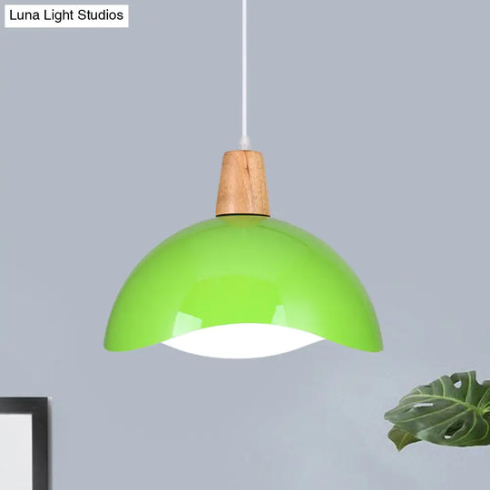 Macaron Iron 1-Light Hanging Lamp In Waving Dome Design - Pink/Yellow/Green Finish For Dining Room