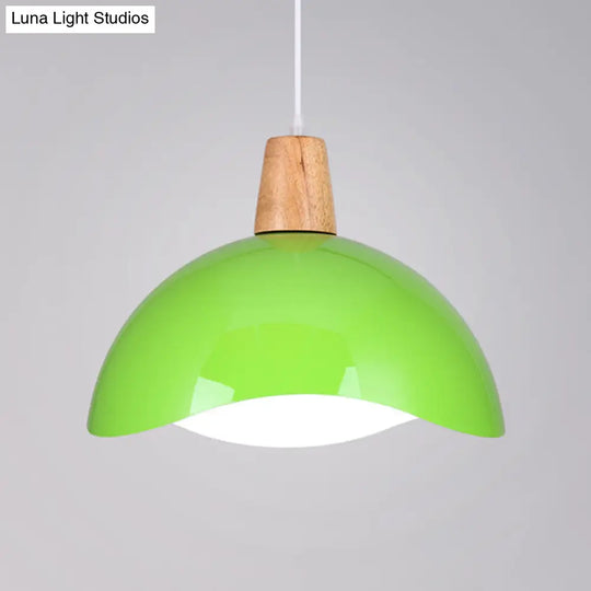 Macaron Iron 1-Light Hanging Lamp In Waving Dome Design - Pink/Yellow/Green Finish For Dining Room