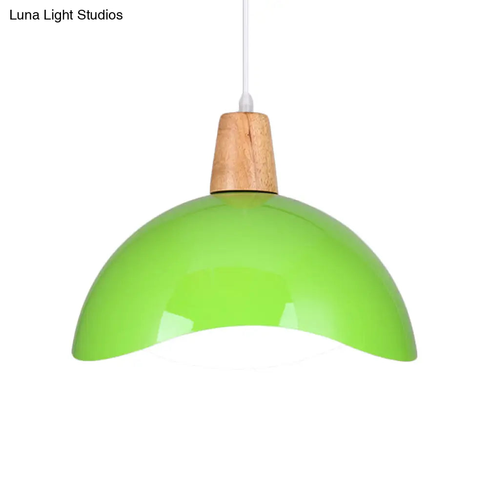 Macaron Iron 1-Light Hanging Lamp In Waving Dome Design - Pink/Yellow/Green Finish For Dining Room