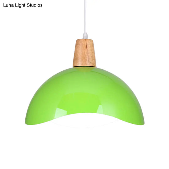 Macaron Iron 1-Light Hanging Lamp In Waving Dome Design - Pink/Yellow/Green Finish For Dining Room