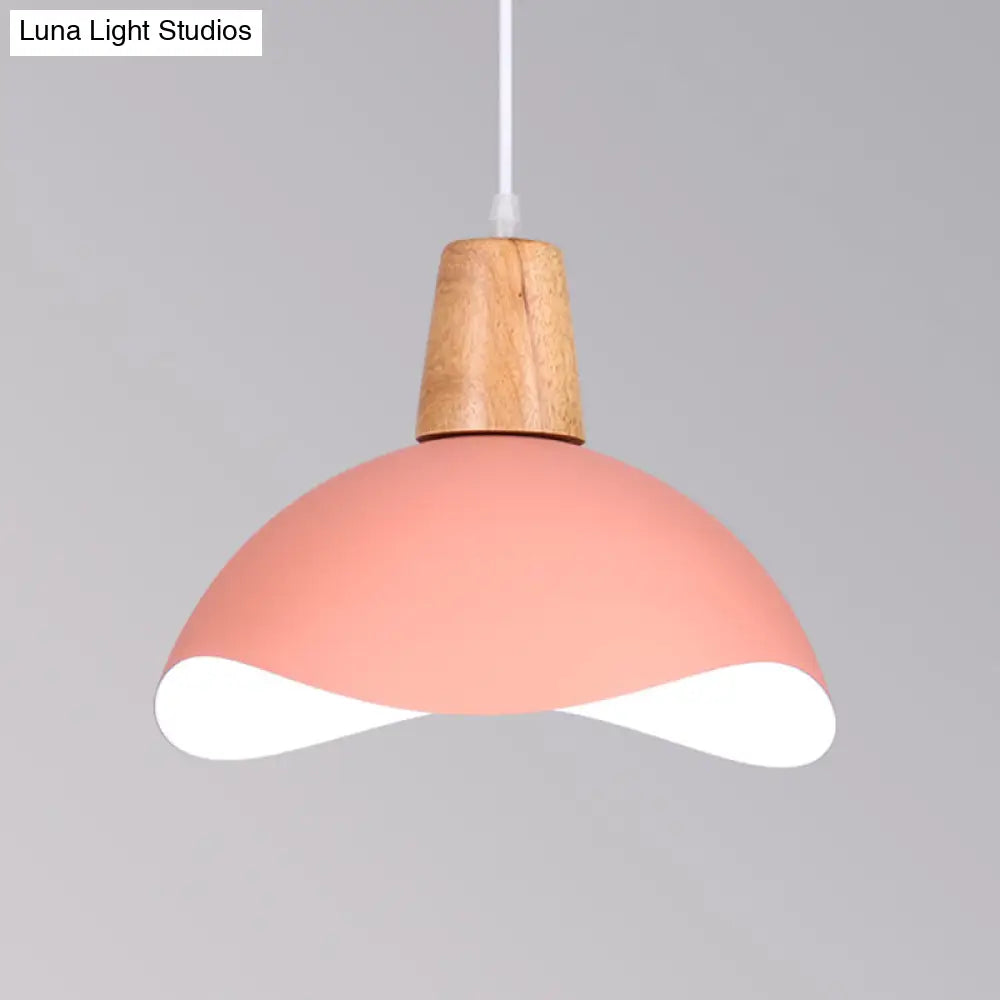 Macaron Iron 1-Light Hanging Lamp In Waving Dome Design - Pink/Yellow/Green Finish For Dining Room