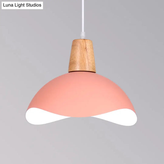 Macaron Iron 1-Light Hanging Lamp In Waving Dome Design - Pink/Yellow/Green Finish For Dining Room